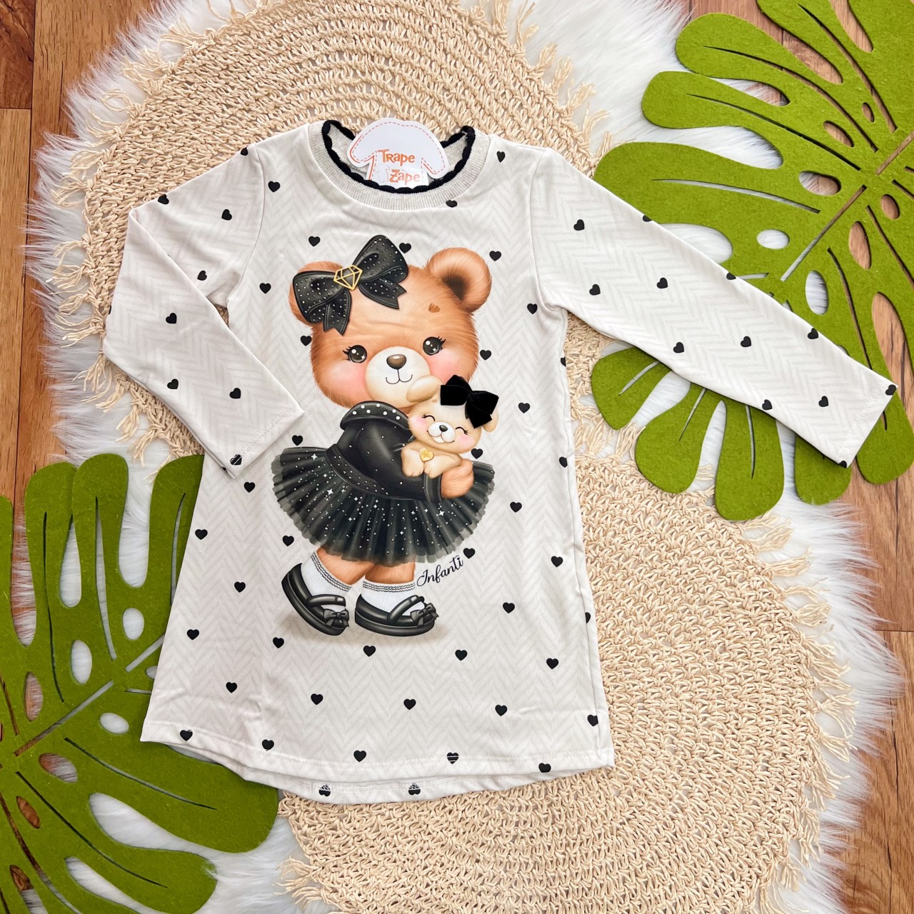 Vestido Manga Longa Ursinha Rockstar - Areia e Preto